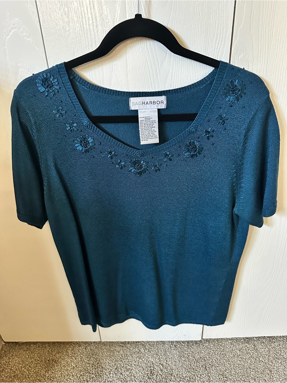 Sag Harbor Teal Short-Sleeve Scoop Neck Top with Embroidered Flowers